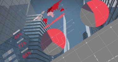 Gökyüzüne karşı modern binaların düşük açılı görüntüsü üzerinde bilgi arayüzü resmi. Dijital olarak üretilen hologram, illüstrasyon, rapor, iş dünyası, küresel ve mimari kavramı.