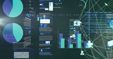 Veri işleme ve bağlantıların resmi. Küresel iş, bilgisayar ve veri işleme kavramı dijital olarak oluşturulmuş görüntü.