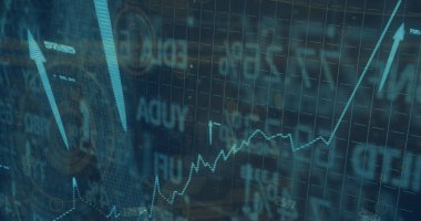 Grafikler, daireler, değişen sayılar, yukarı oklar ve siyah arkaplan üzerinden ticaret tahtaları. Dijital olarak üretilmiş, hologram, şekil, yön, büyüme, rapor, iş ve borsa kavramı.