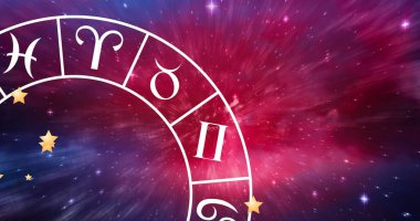 Yıldızlı gece gökyüzünde dönen zodyak çarkı görüntüsü. Yıldız falı, burç, yıldız işaretleri ve astroloji konsepti dijital olarak oluşturulmuş görüntü.