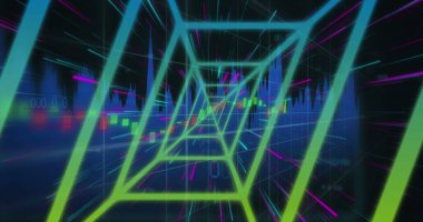 Neon tünelin görüntüsü, pürüzsüz desenli ışık izleri ve siyah arkaplanda veri işleme. Bilgisayar arayüzü ve iş veri teknolojisi kavramı