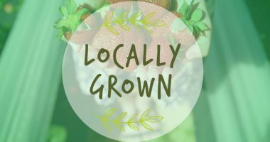 Çilek tutarken elde büyüyen yerel metin resmi. Küresel ekoloji, organik ve dijital arayüz kavramı dijital olarak oluşturulmuş görüntü.