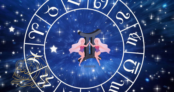 Image of gemini star sign in zodiac wheel on starry night sky. Horoscope, zodiac, star signs and astrology concept digitally generated image.