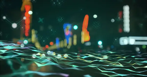 stock image Image of green waves and dots over night blurred cityscape. city life and technology concept digitally generated image.