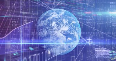 Dünya çapında ikili kodlama ve veri işleme görüntüsü. Küresel iş, finans, hesaplama ve veri işleme kavramı dijital olarak oluşturulmuş görüntü.