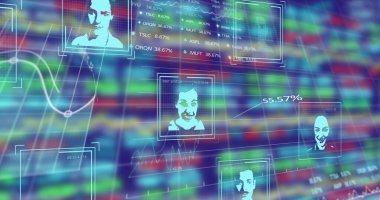 Biyometrik fotoğraflar ve finansal veri işleme resimleri. finans, bilgisayar ve veri işleme kavramı dijital olarak oluşturulmuş resim.