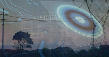 Numaraları değiştirme görüntüsü, devre kartı deseni, yeşil karadaki iletim kuleleri üzerinde daireler. Dijital bileşik, çoklu pozlama, aydınlatma, elektrik ve teknoloji konsepti.