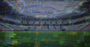 Image of financial data processing over stadium. Global sport, finances and digital interface concept digitally generated image. clipart