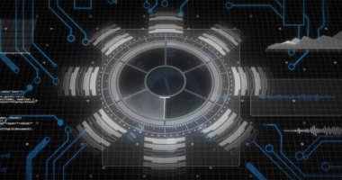 Bilgisayar devre kartından veri işleme görüntüsü. Küresel hesaplama, dijital arayüz ve veri işleme kavramı dijital olarak oluşturuldu.