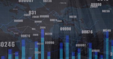 Şehirdeki bağlantılar ağı ve dünya haritası ile finansal veri işleme resmi. Küresel iş, finans ve dijital arayüz kavramı dijital olarak oluşturulmuş görüntü.