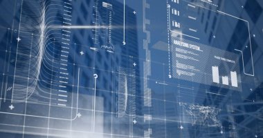 Modern ofis binaları üzerinde finansal veri işleme resmi. Küresel iş, finans, bilgisayar ve veri işleme kavramı dijital olarak oluşturulmuş görüntü.