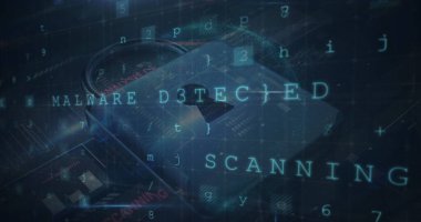 Birden fazla metin, harf, sayı ve sembolün resmi asma kilit ve grafikler üzerinde. Dijital olarak oluşturulmuş, hologram, koruma, rapor, iş, veri, güvenlik, soyut ve teknoloji kavramı.