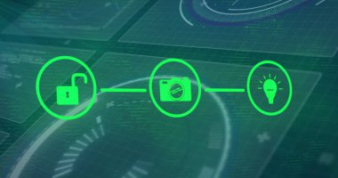 Dijital simge ağının resmi ve mavi arkaplan üzerinde veri işleme arayüzü. Küresel ağ ve iş arayüzü teknolojisi kavramı