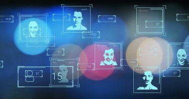 Odak trafiğinden biyometrik fotoğraflar ve veri işleme görüntüsü. Küresel bulut hesaplaması, dijital arayüz ve veri işleme kavramı dijital olarak oluşturuldu.