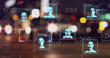 Geceleri sokakta yürüyen insanların bulanık görüntüsüne karşı çoklu profil simgeleri. Sosyal medya ağı ve iş teknolojisi kavramı