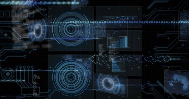 Bilgisayar devre kartından veri işleme görüntüsü. Küresel hesaplama, dijital arayüz ve veri işleme kavramı dijital olarak oluşturuldu.