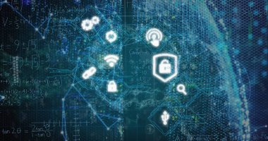 Dijital simgelerin resmi, matematiksel denklemler ve dönen dünya üzerindeki bağlantılar ağı. Küresel ağ ve iş arayüzü teknolojisi kavramı