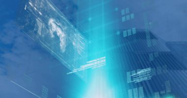 Veri işleme ve yüksek binalara karşı mavi ışık noktası ile arayüz görüntüsü. Bilgisayar arayüzü ve iş teknolojisi kavramı