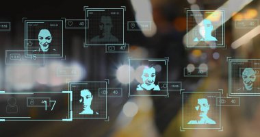 Odak trafiğinden biyometrik fotoğraflar ve veri işleme görüntüsü. Küresel bulut hesaplaması, dijital arayüz ve veri işleme kavramı dijital olarak oluşturuldu.