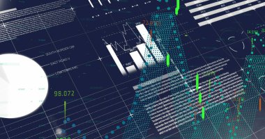 Mavi arka planda finansal ve istatistiksel veri işleme görüntüsü. Küresel finans ve iş veri teknolojisi kavramı