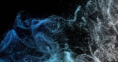 Siyah arka planda dinamik dalga deseni oluşturan noktaların görüntüsü. Dijital olarak üretilmiş, hologram, illüstrasyon, veri, bağlantı, aydınlanma, fütüristik ve teknoloji kavramı.