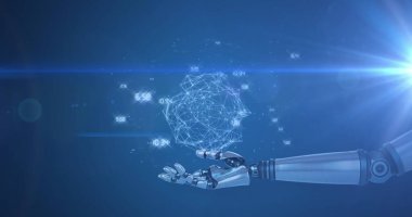 Robotun kolundaki bağlantı ağının görüntüsü. Küresel yapay zeka, bağlantılar, hesaplama ve veri işleme kavramı dijital olarak oluşturuldu.
