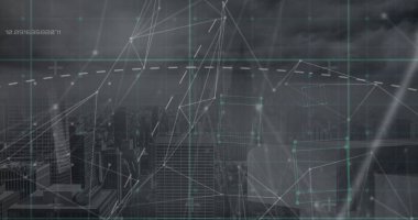 Şehir manzarası üzerinde veri işleme resmi. Küresel iş, finans, hesaplama ve veri işleme kavramı dijital olarak oluşturulmuş görüntü.