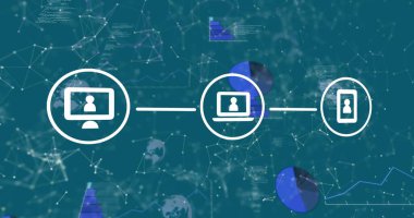 Dijital simge ağının resmi ve mavi arkaplan üzerinde bağlantı ağı. Küresel ağ ve iş teknolojisi kavramı