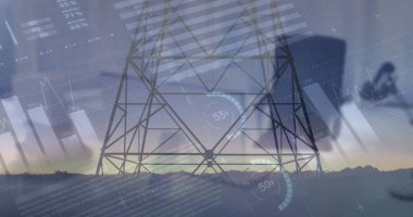 Topun üzerinde çeşitli veri ve grafiklerin ve istatistiksel verilerin üst üste dizilmiş şekilde yürümesi. Küresel işletme dijital arayüzü ve bağlantıları dijital olarak oluşturulmuş görüntü konseptini finanse eder.