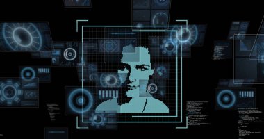 Biyometrik fotoğraf ve karanlık arkaplan üzerindeki dürbün ve veri işleme görüntüsü. Küresel iş, finans, hesaplama ve veri işleme kavramı dijital olarak oluşturulmuş görüntü.