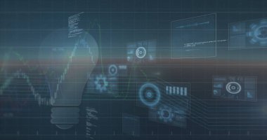 Mavi zemin üzerinde yuvarlak tarayıcıları ve veri işlemesi olan ampul simgesi ve ekranların resmi. Bilgisayar arayüzü ve iş veri teknolojisi kavramı