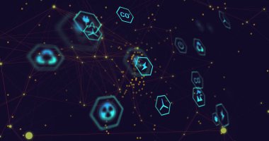 Birden fazla dijital simge, sarı noktalar ve mavi arkaplan ile bağlantı ağının görüntüsü. Küresel ağ ve iş arayüzü teknolojisi kavramı