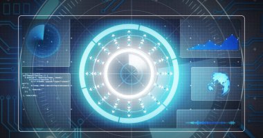 Veri işleme, küre ve tarama görüntüleri. Küresel teknoloji ve dijital arayüz konsepti dijital olarak oluşturuldu.