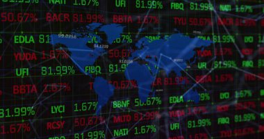 Bağlantıları olan finansal veri işleme resmi ve siyah arkaplan üzerinde dünya haritası. Küresel iş, finans ve dijital arayüz kavramı dijital olarak oluşturulmuş görüntü.