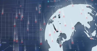 Şehir ve dünya üzerinde ikili kodlama ve veri işleme görüntüsü. Küresel iş, finans, hesaplama ve veri işleme kavramı dijital olarak oluşturulmuş görüntü.