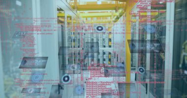 Bilgisayar sunucuları üzerinden veri işleme resmi. Küresel iş, finans, hesaplama ve veri işleme kavramı dijital olarak oluşturulmuş görüntü.