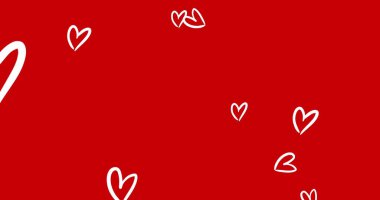Kırmızı arkaplanda hareket eden beyaz kalp simgeleri. Sevgililer Günü, aşk ve romantizm kavramı dijital olarak oluşturuldu.