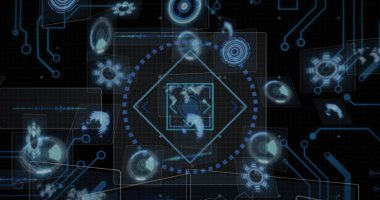 Bilgisayar devre kartından veri işleme görüntüsü. Küresel hesaplama, dijital arayüz ve veri işleme kavramı dijital olarak oluşturuldu.