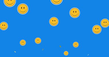 Mavi arka planda gülen emoji simgeleriyle altın konfetilerin düşüşü. Sosyal medya, kutlama, renk ve hareket kavramı dijital olarak oluşturuldu.