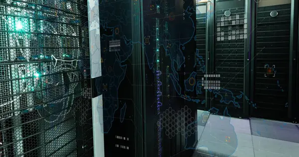 stock image Image of data processing and world map over server room. Global business and digital interface concept digitally generated image.