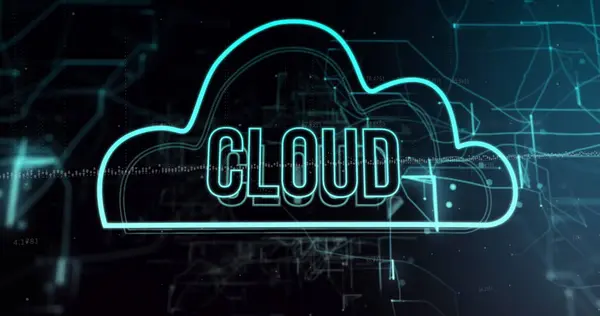 stock image Image of cloud text and data processing over dark background. Global business, finances, cloud computing and data processing concept digitally generated image.