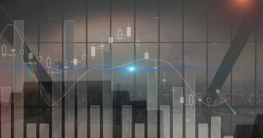 Şehir manzarası üzerinde istatistik ve finansal veri işleme resimleri. Küresel finans, iş, bağlantılar, hesaplama ve veri işleme kavramı dijital olarak oluşturuldu.