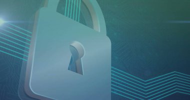 Koyu yeşil arka planda asma kilit ve şekillerin üzerine ortam simgeleri. Sosyal medya ve teknoloji konsepti, dijital olarak oluşturulmuş görüntü.