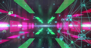 Dijital simgelerin, neon tünelin üzerinde düzgün bir şekilde döndüğü görüntüler. Küresel ağ ve iş teknolojisi kavramı