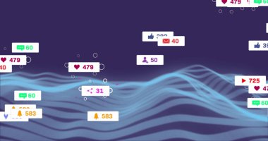 Soyut arkaplana karşı dinamik dalga deseni üzerinden simge ve değişen sayılar görüntüsü. Dijital olarak üretilmiş, hologram, illüstrasyon, iş dünyası, sosyal medya ve teknoloji kavramı.