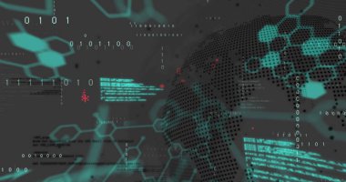 Dünya üzerindeki veri işleme ve kimyasal formüllerin resmi. Küresel iş, teknoloji ve dijital arayüz kavramı, dijital olarak oluşturulmuş görüntü.