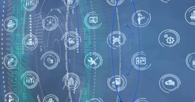 Tarama kapsamı üzerinde iş simgeleri görüntüsü. Küresel iş, teknoloji ve dijital arayüz kavramı, dijital olarak oluşturulmuş görüntü.