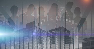 İş adamları ve şehir manzarası hakkında istatistik ve finansal veri işleme resmi. Küresel finans, iş, bağlantılar, hesaplama ve veri işleme kavramı dijital olarak oluşturuldu.