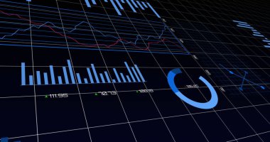 Izgara üzerinde işlem yapan istatistiklerin resmi. küresel iş, veri işleme ve teknoloji konsepti dijital olarak oluşturulmuş görüntü.