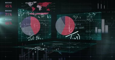 Siyah zemin üzerinde matematiksel denklemlerle ekranlara karşı istatistiksel veri işleme. istatistik ve matematik araştırma teknolojisi kavramı